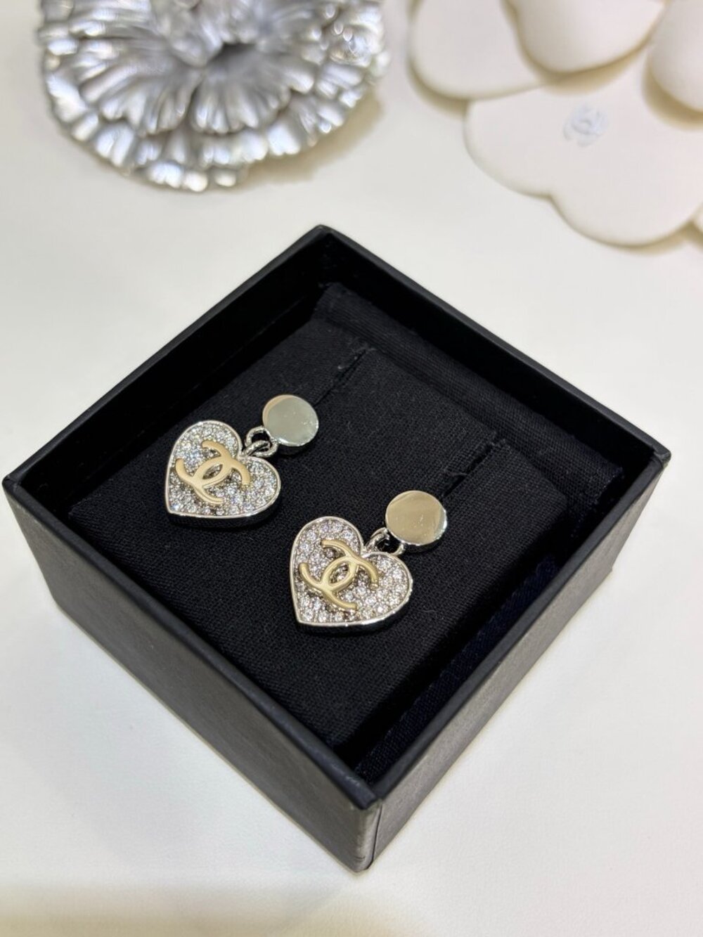 Chanel Silver-Tone Crystal Heart CC Drop Earrings